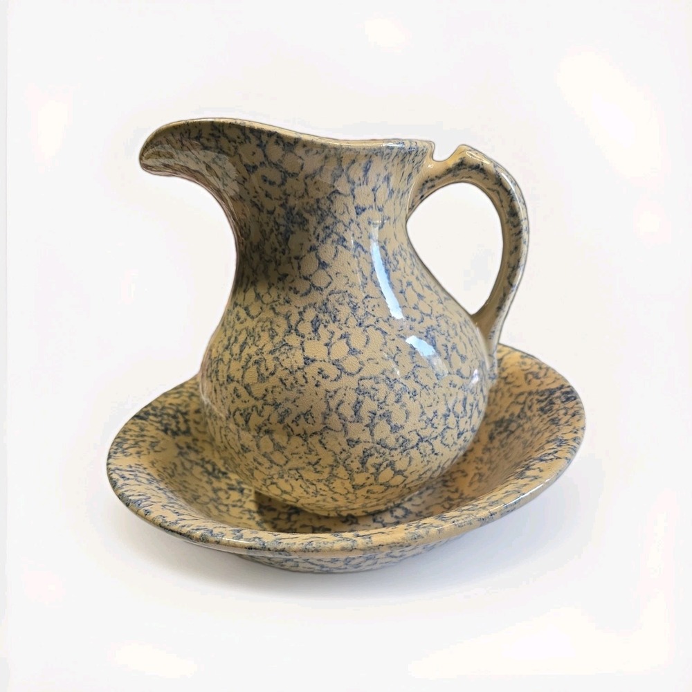 Robinson Ransbottom Pottery Blue Spongeware Pitcher and Basin EUC